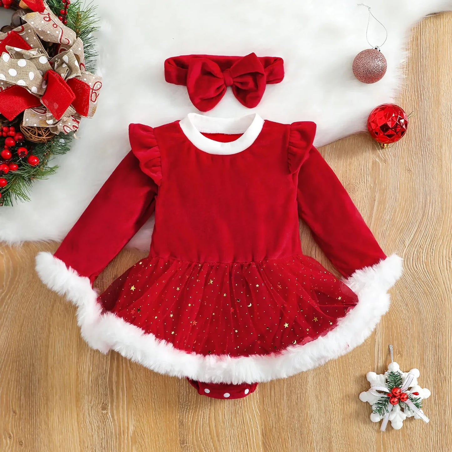 Baby Christmas Velvet Ruffle Romper