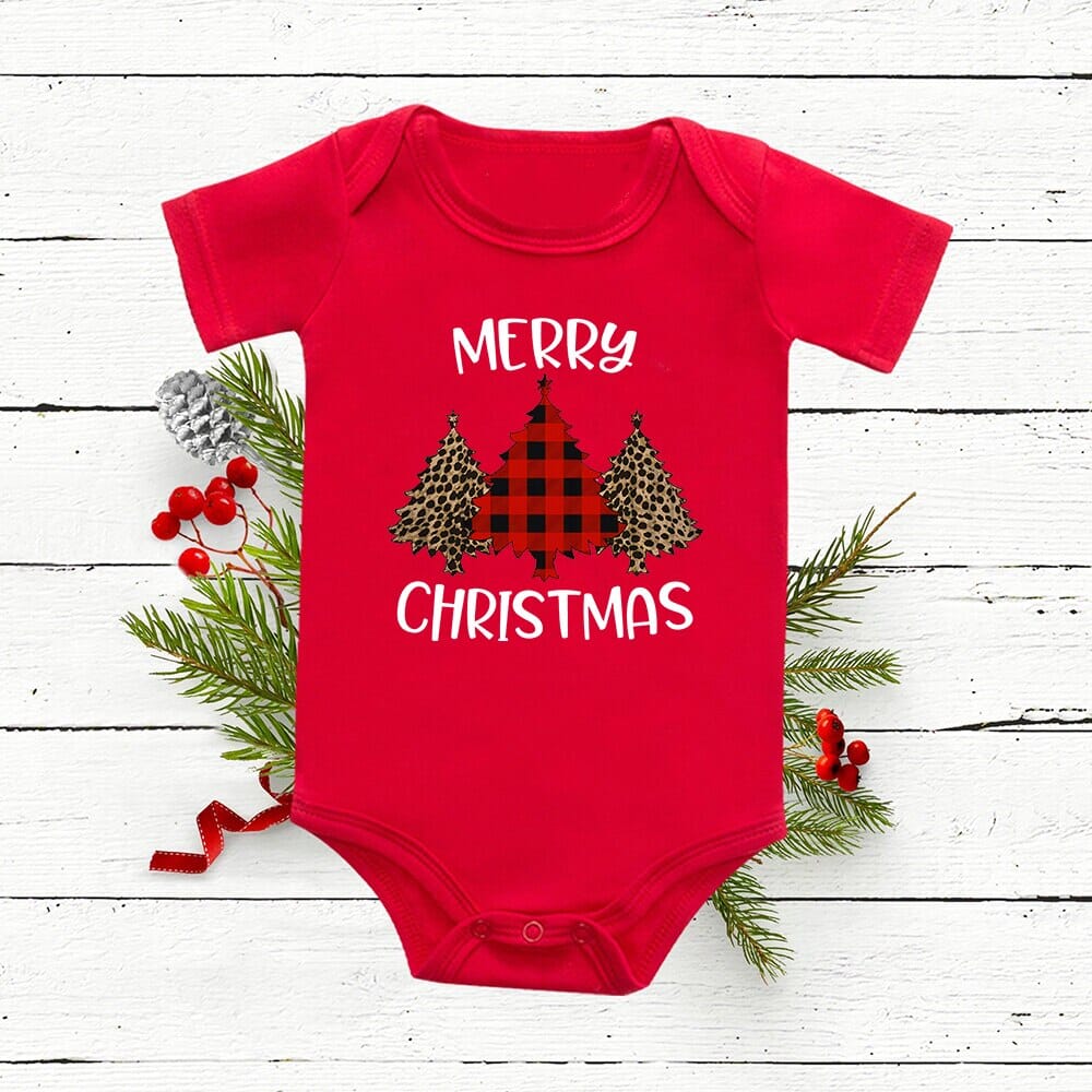 Christmas Deer Tree Print Baby Red Romper