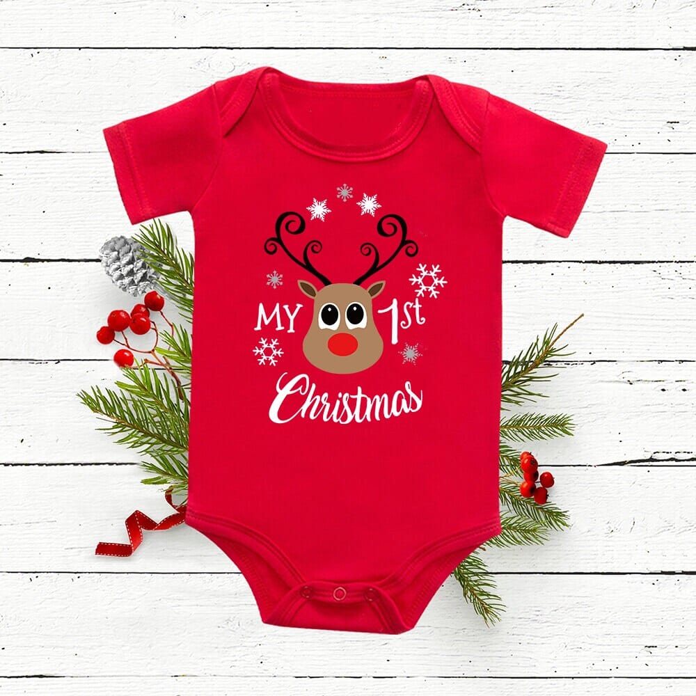 Christmas Deer Tree Print Baby Red Romper