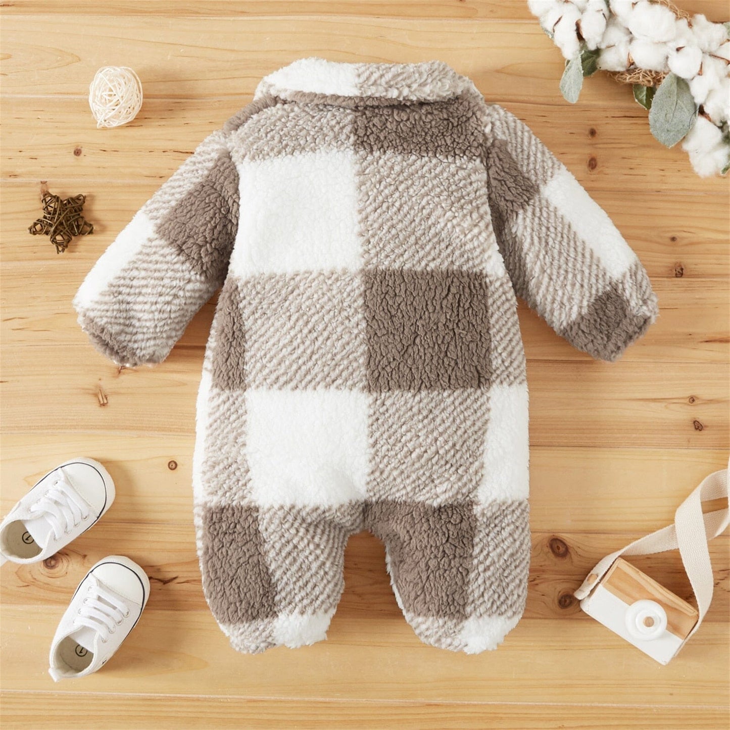 Baby Plaid Fluffy Fleece Long-sleeve Romper