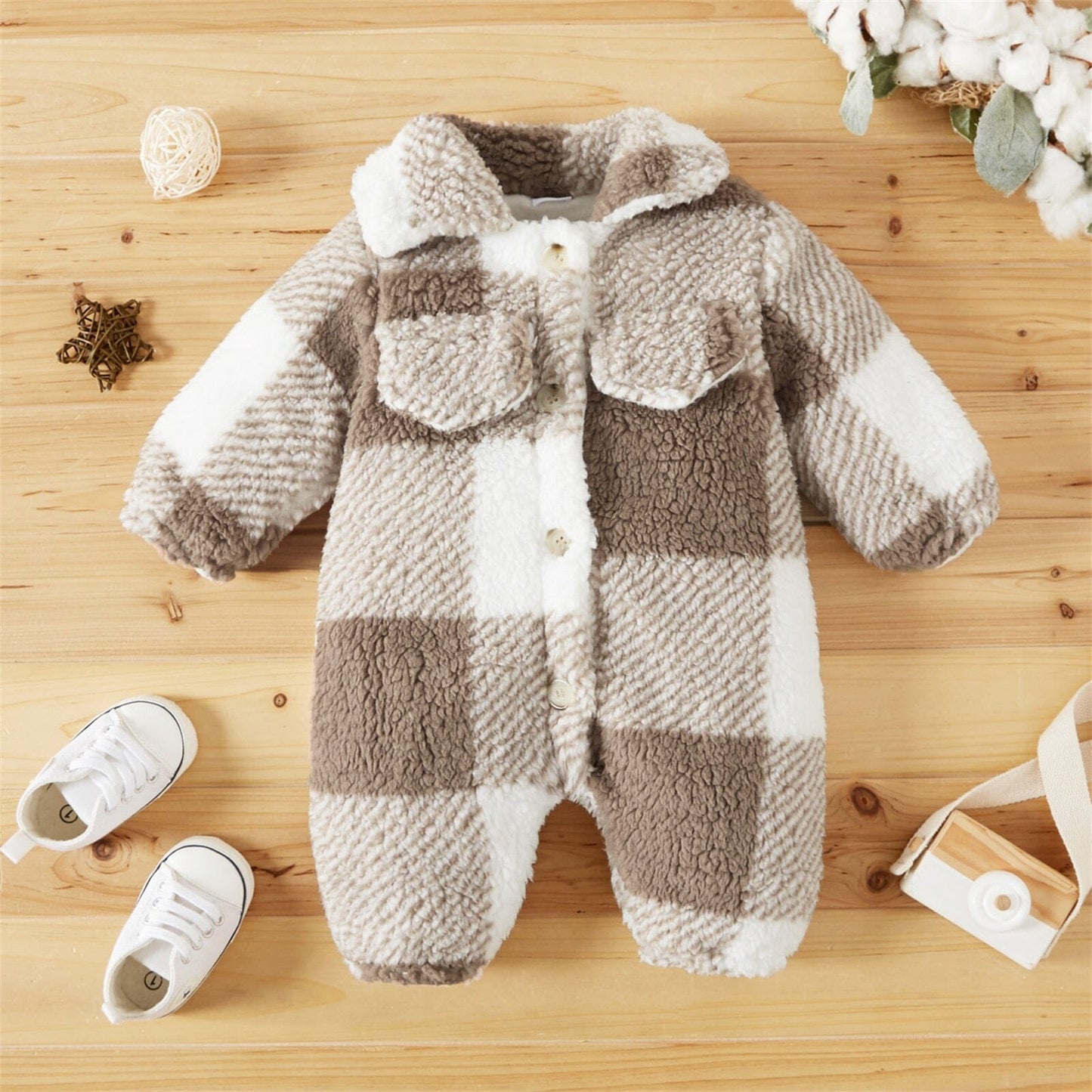 Baby Plaid Fluffy Fleece Long-sleeve Romper