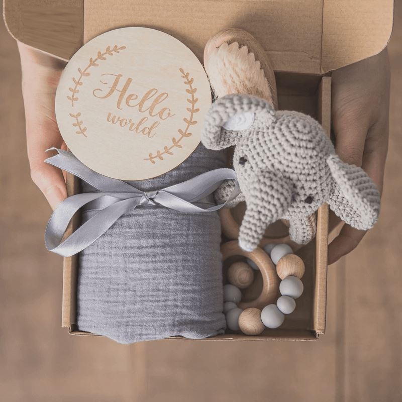 Luxury Wooden Rattles Cotton Blanket Baby Gift Set