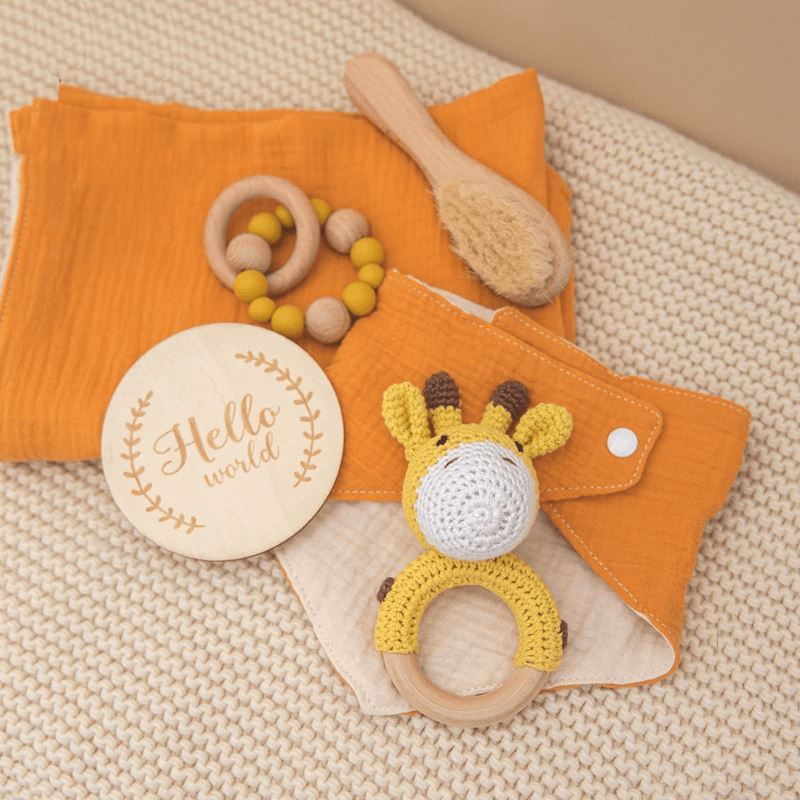 Luxury Wooden Rattles Cotton Blanket Baby Gift Set