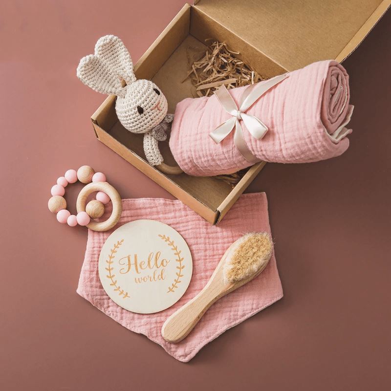 Luxury Wooden Rattles Cotton Blanket Baby Gift Set